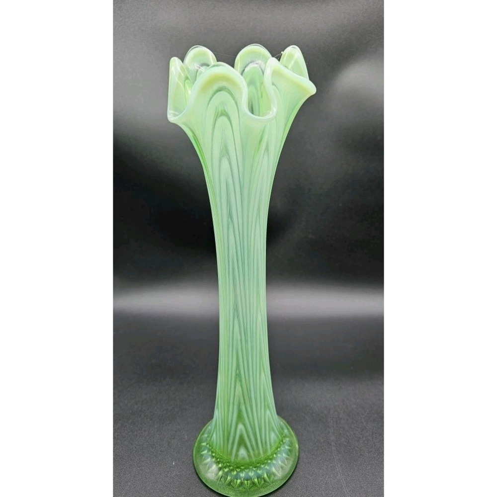 Fenton 12" Green Opalescent Reverse Drapery Boggy Bayou Glass Vase
